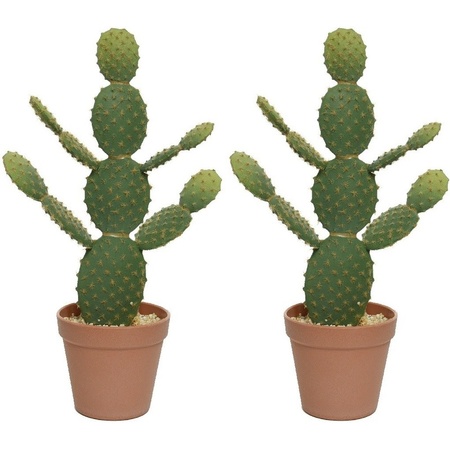 2x Groene Opuntia/schijfcactus kunstplanten 43 cm in bruine pot