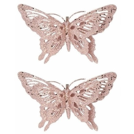 2x Kerst decoratie vlinder roze 15 x 11 cm