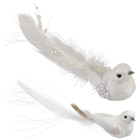 2x Christmas tree decoration white bird on clip