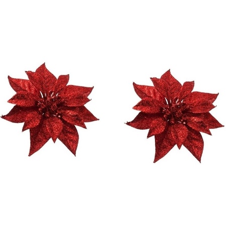 2x Red poinsettia with glitter on clip 18 cm
