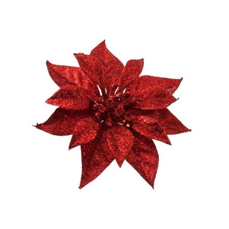 2x Red poinsettia with glitter on clip 18 cm
