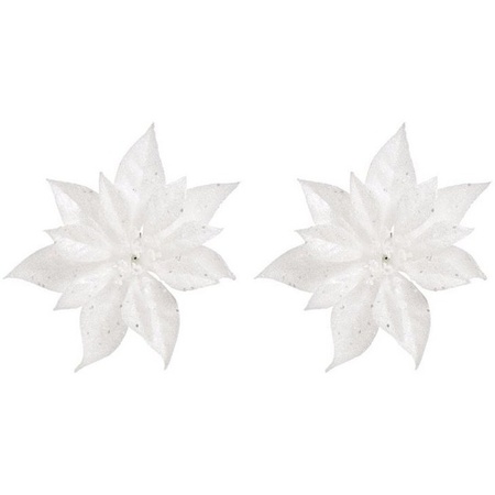 2x Kerstboomversiering bloem op clip witte kerstster 18 cm