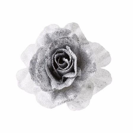 2x Kerstboomversiering bloem op clip zilver/wit kerstbloem 18 cm