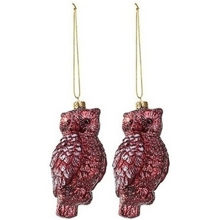 2x Kersthangers figuurtjes uil rood 12 cm