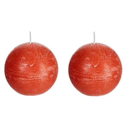 2x Orange rustic sphere/ball candle 8 cm 24 hours