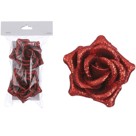 2x Rode decoratie rozen op clip 8 cm 