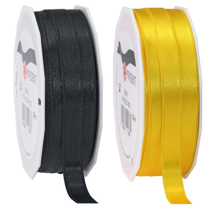 2x rolls satin ribbon black and yellow - 1 cm x 25m per roll