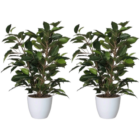 2x stuks groene ficus kunstplant 40 cm met plantenpot glanzend wit D13.5 en H12.5 cm