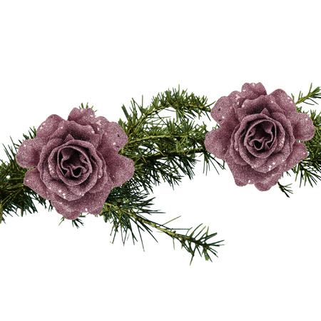 2x pcs christmas decoration flowers rose on clips pink glitter 10 cm