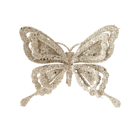 2x pcs christmas decoration butterflies on clips glitter champagne 14 cm