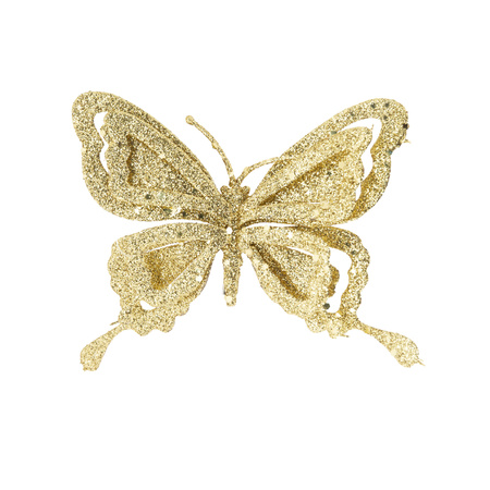 2x stuks kerstboom decoratie vlinders op clip glitter goud 14 cm