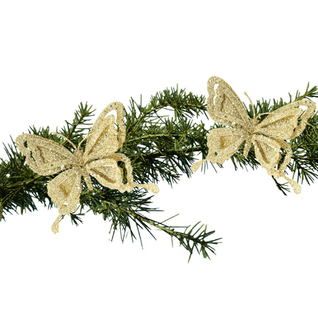 2x stuks kerstboom decoratie vlinders op clip glitter goud 14 cm