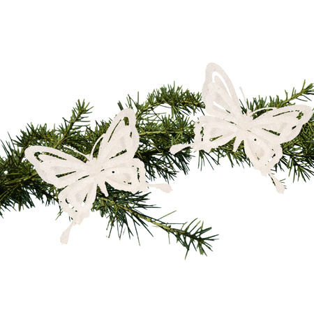 2x pcs christmas decoration butterflies on clips glitter white 14 cm