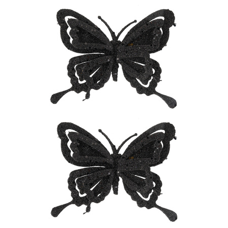 2x pcs christmas decoration butterflies on clips glitter black 14 cm