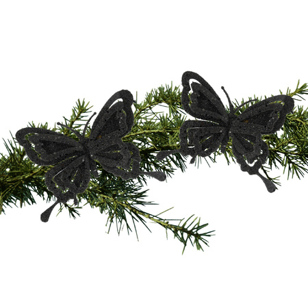 2x pcs christmas decoration butterflies on clips glitter black 14 cm