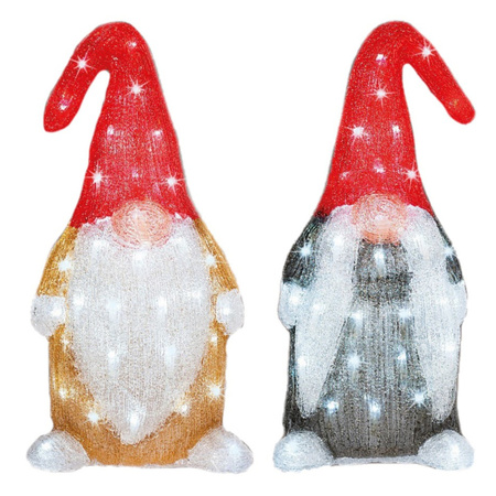 2x stuks kerstverlichting led figuren voor buiten gnome/dwerg 44 cm met 60 lampjes helder wit