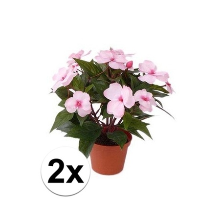 2x Artificial light pink Impatiens pot 25 cm