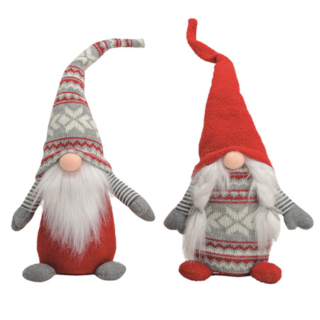 2x stuks pluche gnome/dwerg decoratie pop/knuffel rood/grijs vrouwtje en mannetje 45 x 14 cm