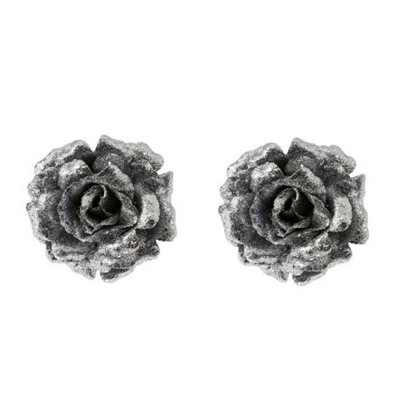 2x stuks zilveren rozen met glitters op clip 12 cm