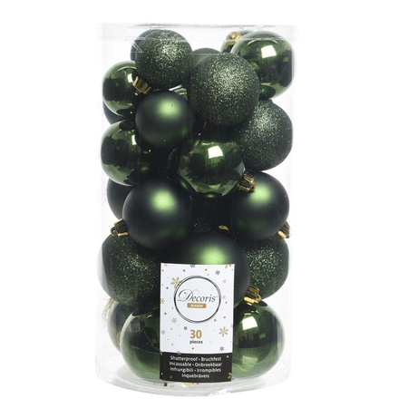 Decoris Christmas baubles 30x darkgreen 4/5/6 cm plastic matte/shiny/glitter mix with topper