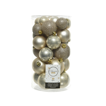 Decoris Christmas baubles 30x light champagne 4/5/6 cm plastic matte/shiny/glitter mix with topper