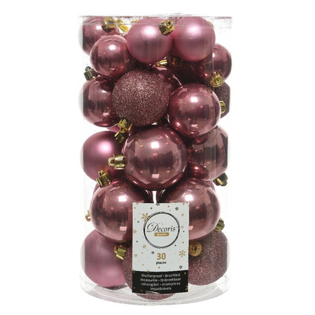 Decoris Christmas baubles 30x old pink 4/5/6 cm plastic matte/shiny/glitter mix with topper