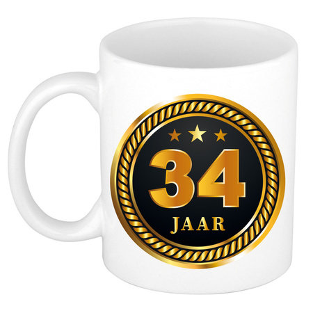 Gold black medal 34 year mug for birthday / anniversary