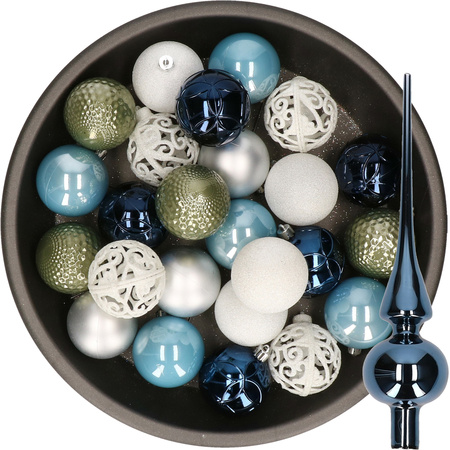 37x pcs plastic christmas baubles 6 cm and glass topper blue-white-silver-green