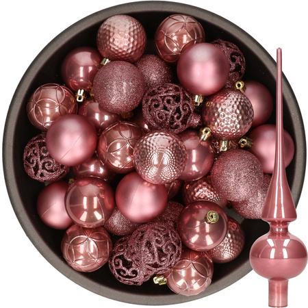 37x stuks kunststof kerstballen 6 cm incl. glazen piek glans oudroze