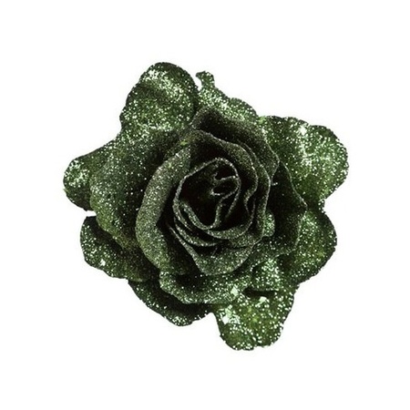 3x Groene roos met glitters op clip 10 cm - kerstversiering