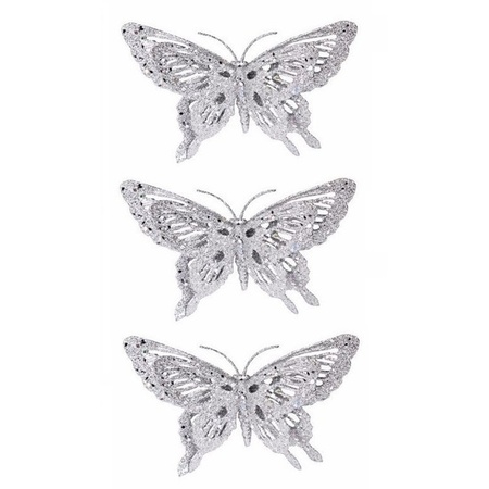 3x Christmas deco butterfly silver 15 x 11 cm