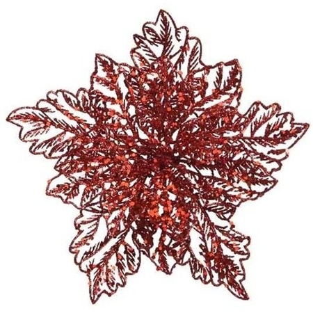 3x Kerstboomversiering op clip rode glitter bloem 23 cm