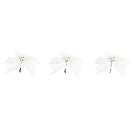 3x Kerstboomversiering op clip witte glitter bloem 24 cm