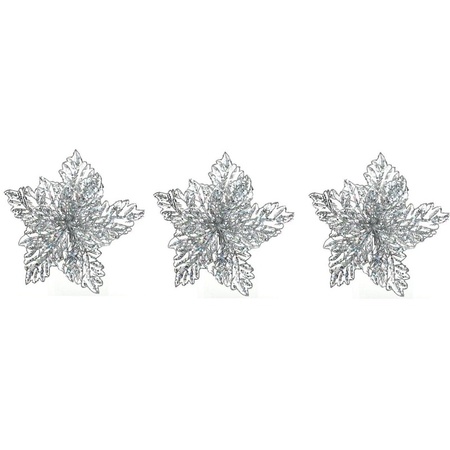 3x Christmas deco silver glitter poinsettia on clip 23 x 10 cm
