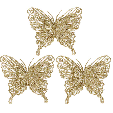 3x Kerstboomversiering vlinders op clip glitter goud 11 cm