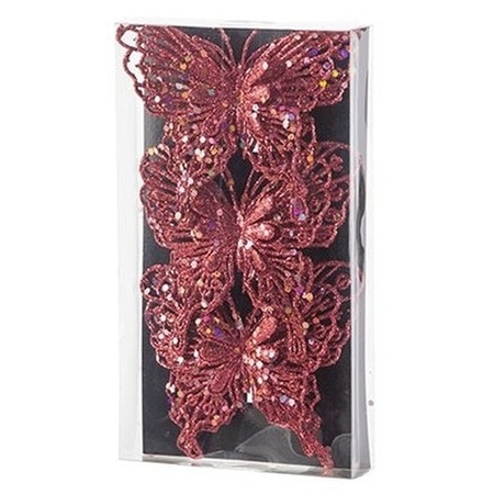 3x Kerstboomversiering vlinders op clip glitter rood 11 cm