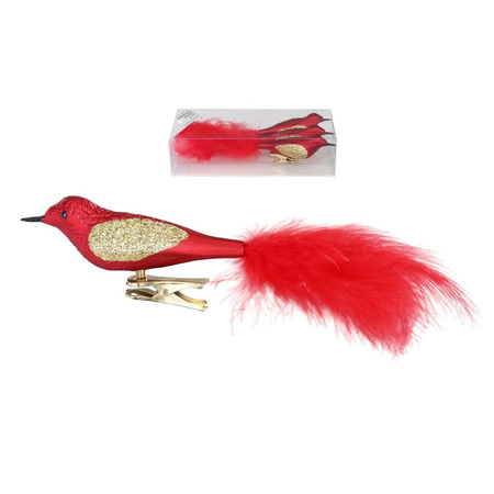 3x stuks decoratie vogels op clip rood 20 cm