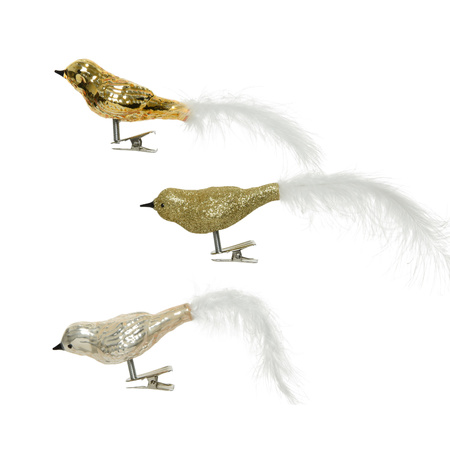 3x pcs glass birds on clip champagne/gold 8 cm