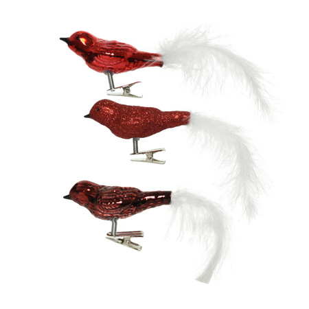 3x pcs glass decoration birds on clips shiny/glitter red 8 cm