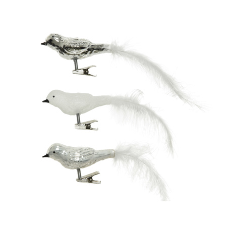 3x stuks glazen decoratie vogels op clip wit/zilver 8 cm
