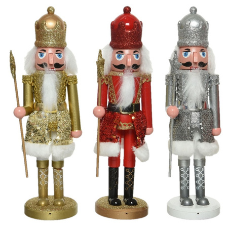 3x stuks kerstbeeldje kunststof notenkraker poppetje/soldaat rood/zilver/goud 28 cm kerstbeeldjes