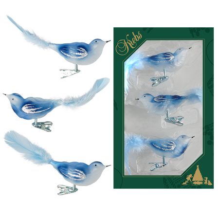 3x pcs luxury glass birds on clip blue 11 cm