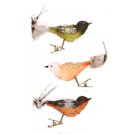 3x pcs luxury glass birds on clip colored 11 cm