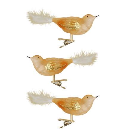 3x pcs luxury glass birds on clip gold 11 cm