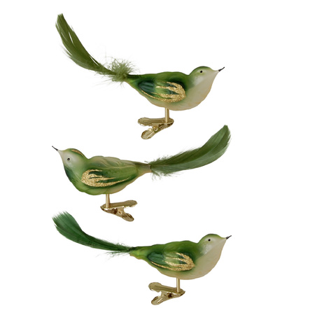3x pcs luxury glass birds on clip green 11 cm