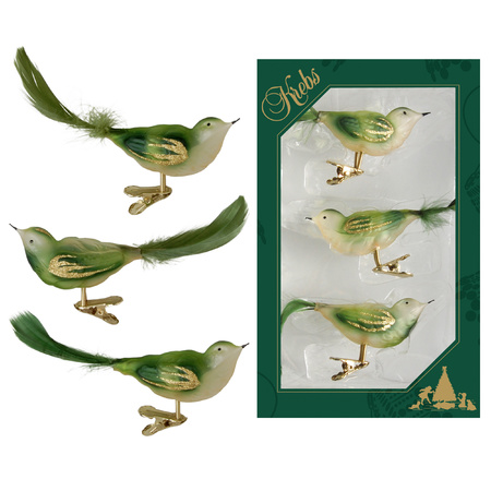 3x pcs luxury glass birds on clip green 11 cm