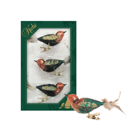 3x pcs luxury glass birds on clip green/brown 11 cm