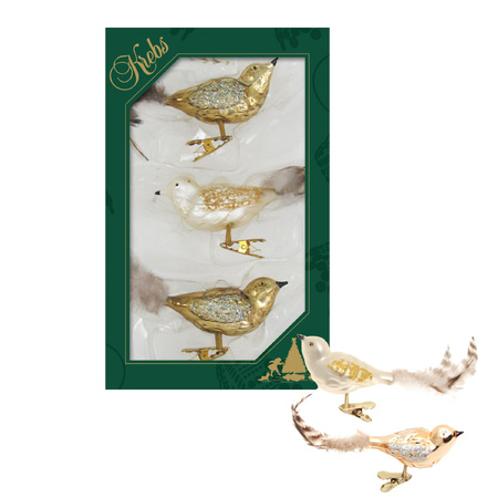 3x pcs luxury glass birds on clip natural velvet 11 cm