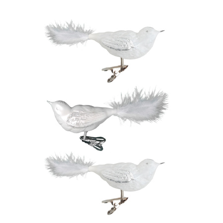 3x pcs luxury glass birds on clip white 11 cm