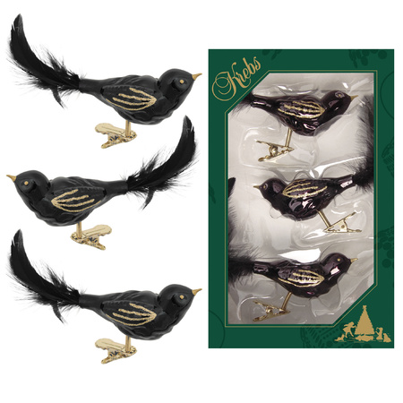 3x pcs luxury glass birds on clip black 11 cm